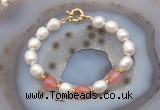 CFB935 Hand-knotted 9mm - 10mm rice white freshwater pearl & cherry quartz bracelet