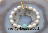 CFB939 Hand-knotted 9mm - 10mm rice white freshwater pearl & amazonite bracelet