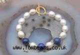 CFB941 Hand-knotted 9mm - 10mm rice white freshwater pearl & lapis lazuli bracelet