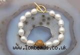 CFB951 Hand-knotted 9mm - 10mm rice white freshwater pearl & wooden jasper bracelet