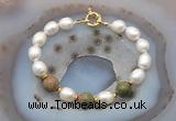 CFB953 Hand-knotted 9mm - 10mm rice white freshwater pearl & unakite bracelet
