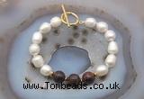 CFB957 Hand-knotted 9mm - 10mm rice white freshwater pearl & mahogany obsidian bracelet