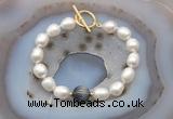 CFB960 Hand-knotted 9mm - 10mm rice white freshwater pearl & eagle eye jasper bracelet