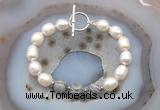 CFB969 Hand-knotted 9mm - 10mm rice white freshwater pearl & grey picture jasper bracelet