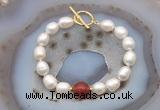 CFB974 Hand-knotted 9mm - 10mm rice white freshwater pearl & red agate bracelet