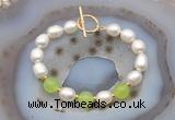 CFB993 Hand-knotted 9mm - 10mm rice white freshwater pearl & candy jade bracelet