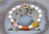 CFB996 Hand-knotted 9mm - 10mm rice white freshwater pearl & colorful candy jade bracelet