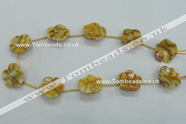 CFG17 15.5 inches 24mm carved flower yellow crazy lace agate beads