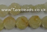 CFG882 15.5 inches 14mm carved flower yellow jade gemstone beads