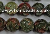 CFG891 15.5 inches 14mm carved flower unakite gemstone beads