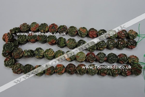 CFG891 15.5 inches 14mm carved flower unakite gemstone beads