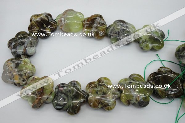 CFG935 15.5 inches 32*33mm carved flower yellow & green opal beads