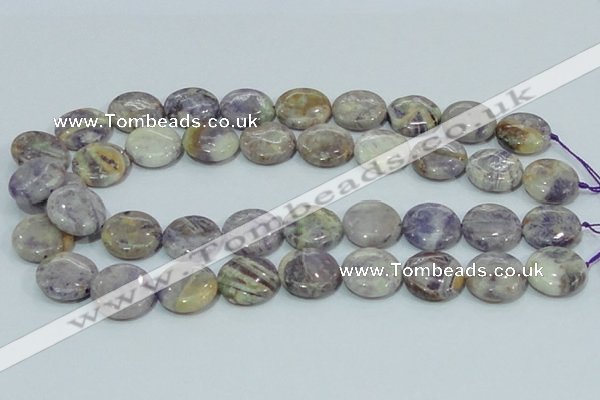 CFJ01 15.5 inches 20mm flat round natural purple flower stone beads