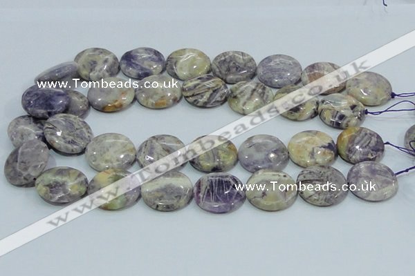 CFJ02 15.5 inches 25mm flat round natural purple flower stone beads