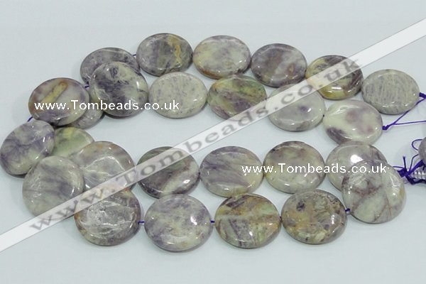 CFJ03 15.5 inches 30mm flat round natural purple flower stone beads