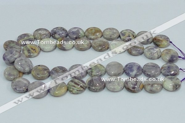 CFJ17 15.5 inches 18mm flat round natural purple flower stone beads