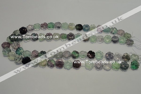 CFL492 15.5 inches 12mm carved flower natural fluorite beads