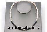 CFN121 potato white freshwater pearl & black lava necklace, 16 - 24 inches