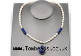 CFN154 baroque white freshwater pearl & lapis lazuli necklace with pendant