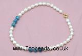 CFN315 9 - 10mm rice white freshwater pearl & apatite necklace wholesale