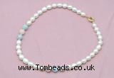 CFN318 9 - 10mm rice white freshwater pearl & morganite necklace wholesale