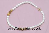 CFN319 9 - 10mm rice white freshwater pearl & golden tiger eye necklace wholesale