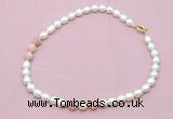 CFN324 9 - 10mm rice white freshwater pearl & pink opal necklace wholesale