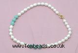 CFN325 9 - 10mm rice white freshwater pearl & amazonite necklace wholesale