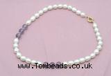 CFN332 9 - 10mm rice white freshwater pearl & amethyst necklace wholesale