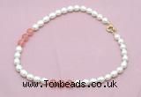 CFN334 9 - 10mm rice white freshwater pearl & cherry quartz necklace wholesale