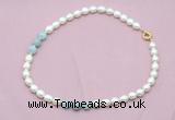 CFN335 9 - 10mm rice white freshwater pearl & aquamarine necklace wholesale