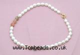 CFN337 9 - 10mm rice white freshwater pearl & rainbow moonstone necklace wholesale