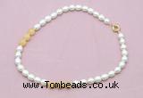 CFN342 9 - 10mm rice white freshwater pearl & honey jade necklace wholesale