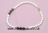 CFN346 9 - 10mm rice white freshwater pearl & bronzite necklace wholesale