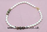 CFN347 9 - 10mm rice white freshwater pearl & unakite necklace wholesale