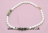 CFN348 9 - 10mm rice white freshwater pearl & China jade necklace wholesale