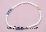 CFN350 9 - 10mm rice white freshwater pearl & blue spot stone necklace wholesale