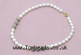 CFN352 9 - 10mm rice white freshwater pearl & feldspar necklace wholesale