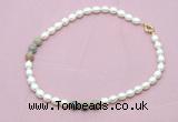 CFN357 9 - 10mm rice white freshwater pearl & serpentine jasper necklace wholesale