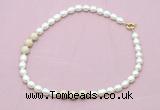 CFN359 9 - 10mm rice white freshwater pearl & white fossil jasper necklace wholesale