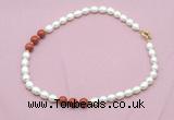 CFN361 9 - 10mm rice white freshwater pearl & red jasper necklace wholesale