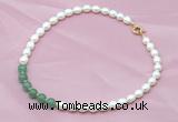 CFN402 9-10mm rice white freshwater pearl & green aventurine necklace