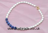 CFN403 9-10mm rice white freshwater pearl & lapis lazuli necklace