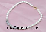 CFN404 9-10mm rice white freshwater pearl & grey banded agate necklace