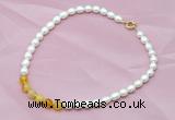 CFN405 9-10mm rice white freshwater pearl & yellow banded agate necklace