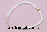 CFN414 9 - 10mm rice white freshwater pearl & rose quartz necklace