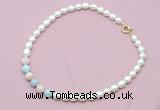 CFN415 9 - 10mm rice white freshwater pearl & morganite necklace