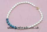 CFN419 9 - 10mm rice white freshwater pearl & apatite necklace