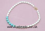 CFN422 9 - 10mm rice white freshwater pearl & blue howlite necklace wholesale