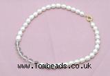 CFN431 9 - 10mm rice white freshwater pearl & white crystal necklace